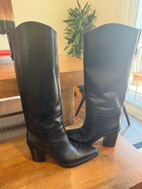 Franco Sarto Black Knee-High Pointed-Toe Block Heel Boots